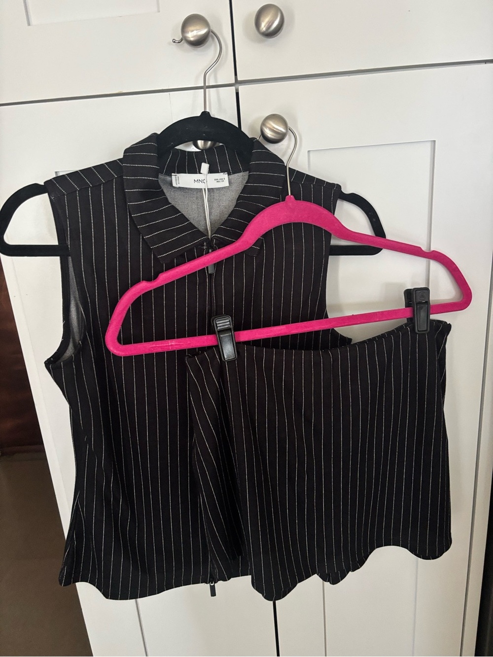 Mango Black Pinstripe Collared Sleeveless Top & Skirt Set